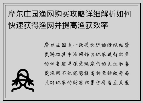 摩尔庄园渔网购买攻略详细解析如何快速获得渔网并提高渔获效率